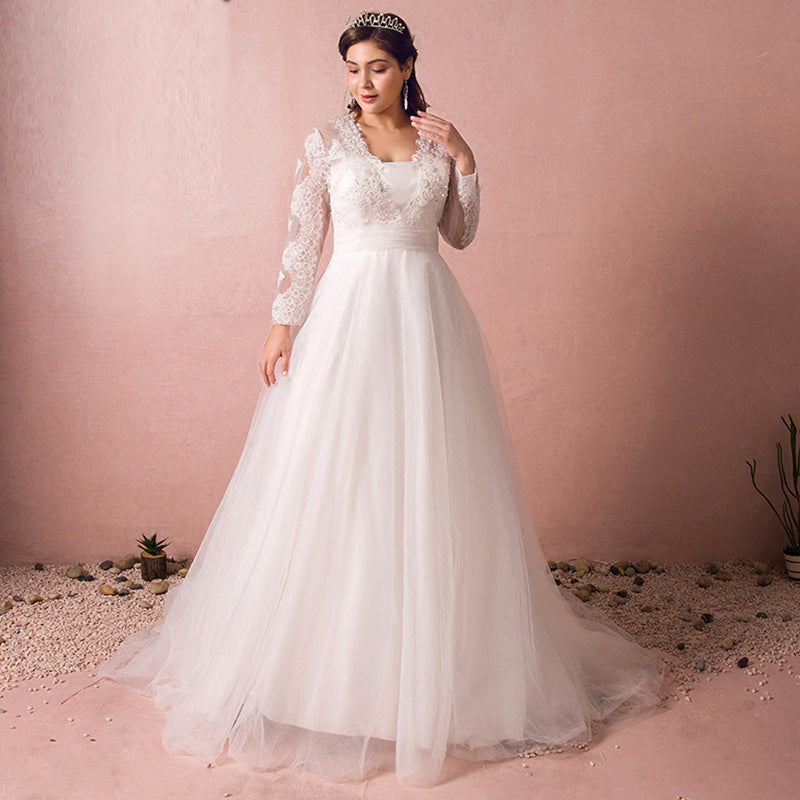 [Plus Size] Long Sleeve Lace U Neck Tulle Wedding Dresses