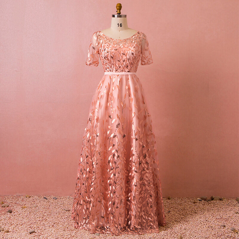 Plus Size Pink Formal Evening Dress with Sequin Leaves