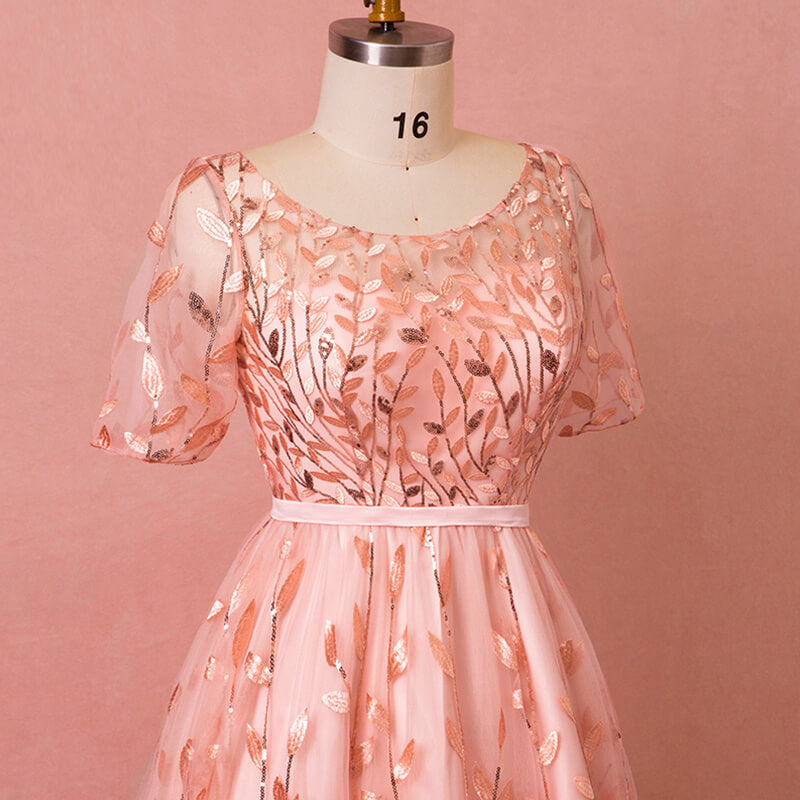 Plus Size Pink Formal Evening Dress with Sequin Leaves
