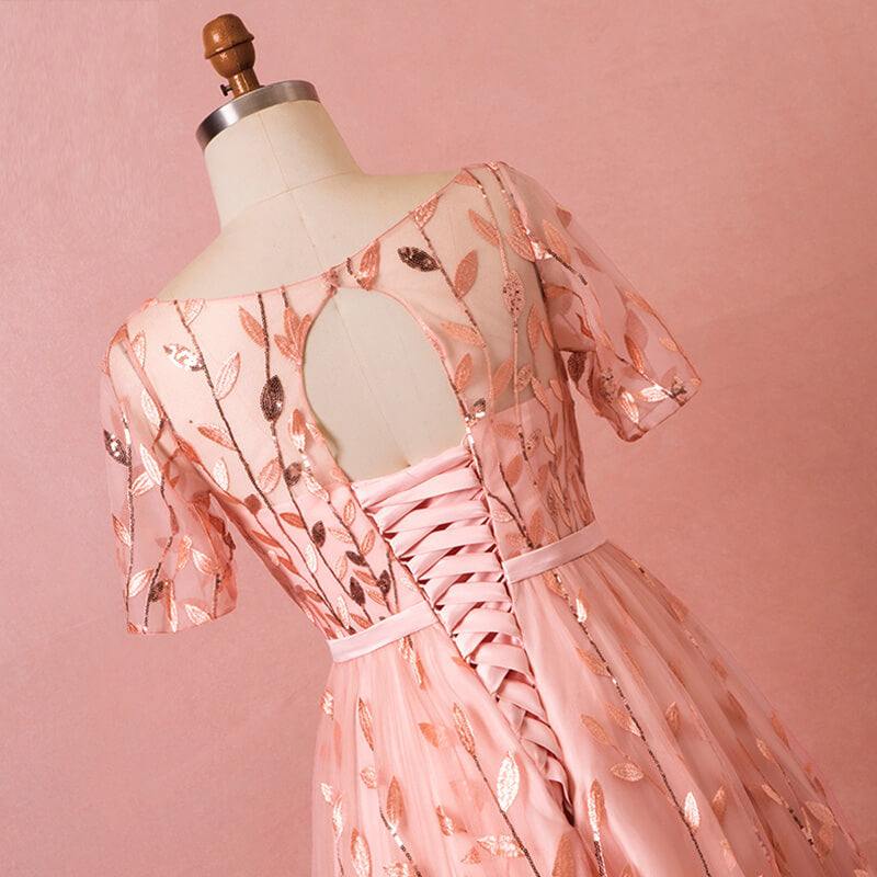 Plus Size Pink Formal Evening Dress with Sequin Leaves