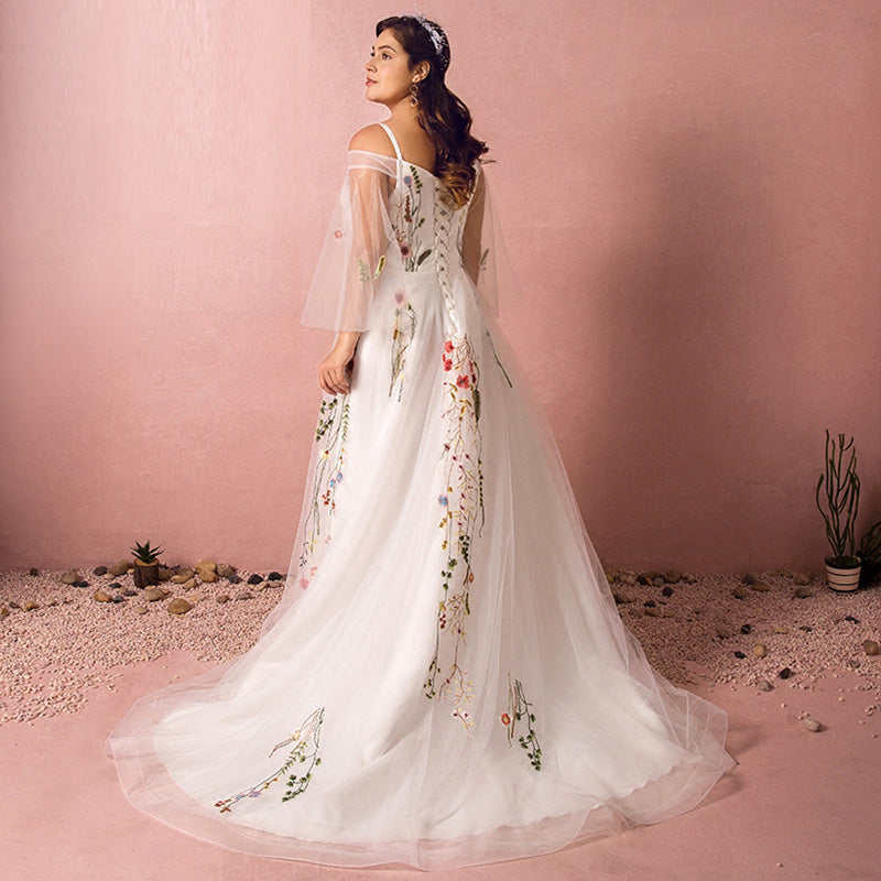 Plus Size] Colorful Embroidery Butterfly Sleeve Wedding Dress