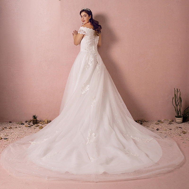 [Plus Size] Beaded Off Shoulder Lace Wedding Gown for Brides