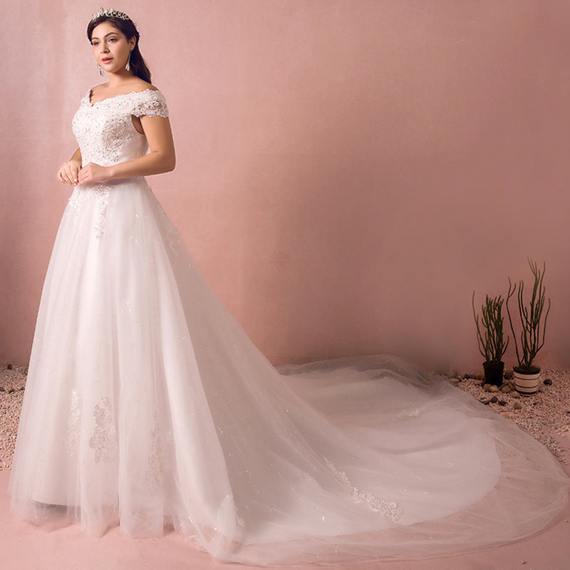 [Plus Size] Beaded Off Shoulder Lace Wedding Gown for Brides