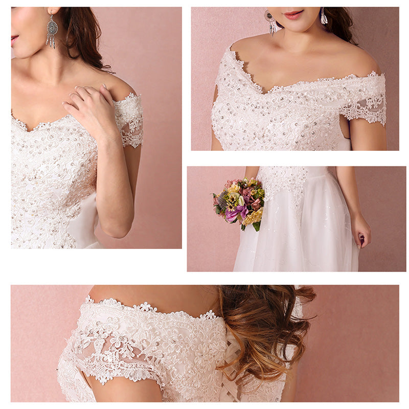 [Plus Size] Beaded Off Shoulder Lace Wedding Gown for Brides