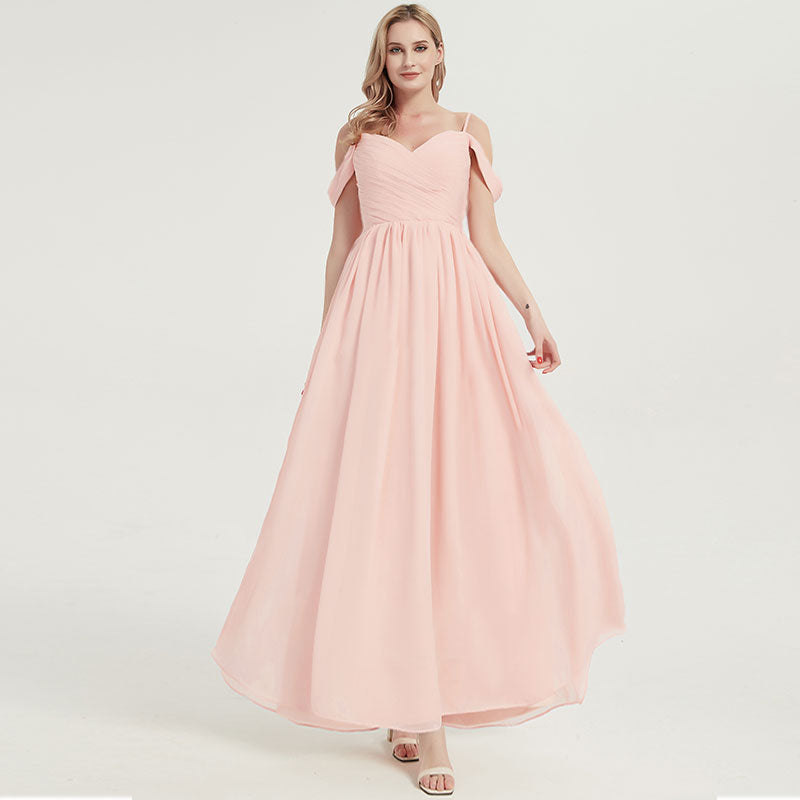 Pearl Pink Spaghetti Straps Pleated Chiffon Maxi Bridesmaid Dress