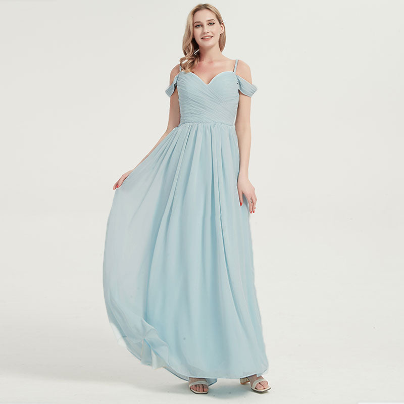 Mist Spaghetti Straps Pleated Chiffon Floor Length Bridesmaid Dress