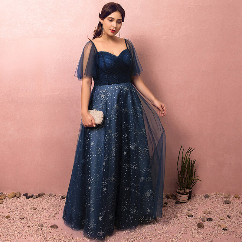 Plus Size Starry Evening Dress Detachable Sleeves