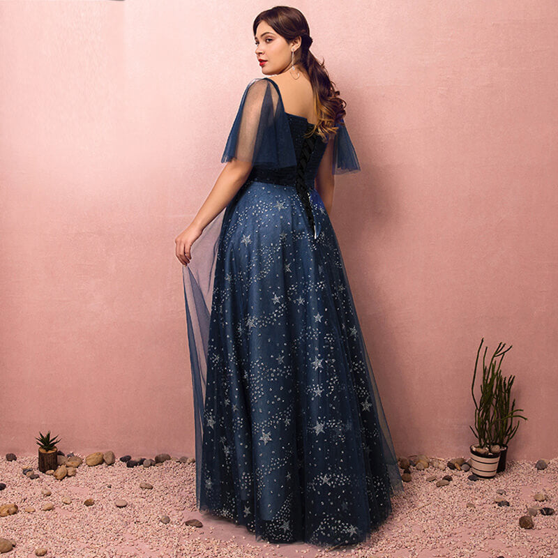 Plus Size Starry Evening Dress Detachable Sleeves