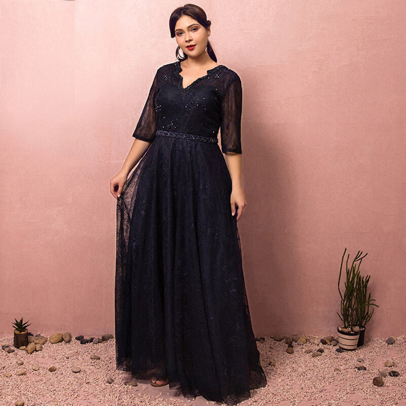 Navy Blue Evening Dress Lace Plus Size