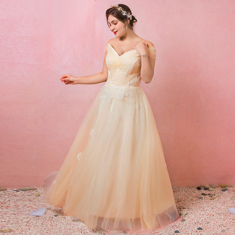 [Plus Size] Champagne Pleated Lace Wedding Dresses for Brides