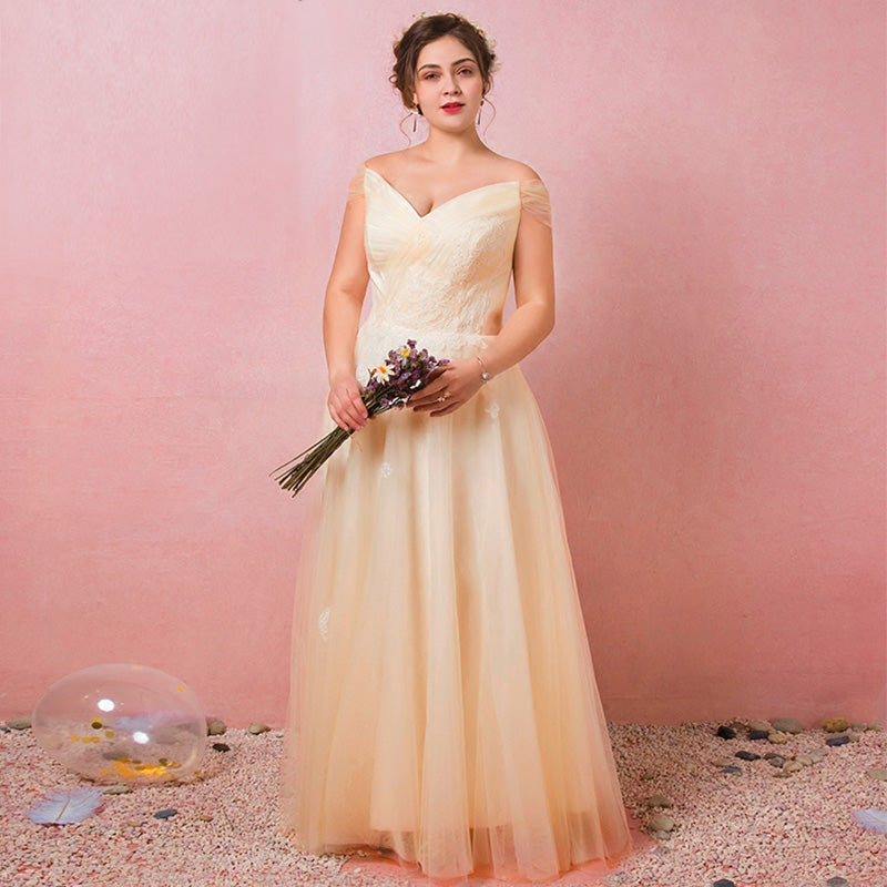 [Plus Size] Champagne Pleated Lace Wedding Dresses for Brides