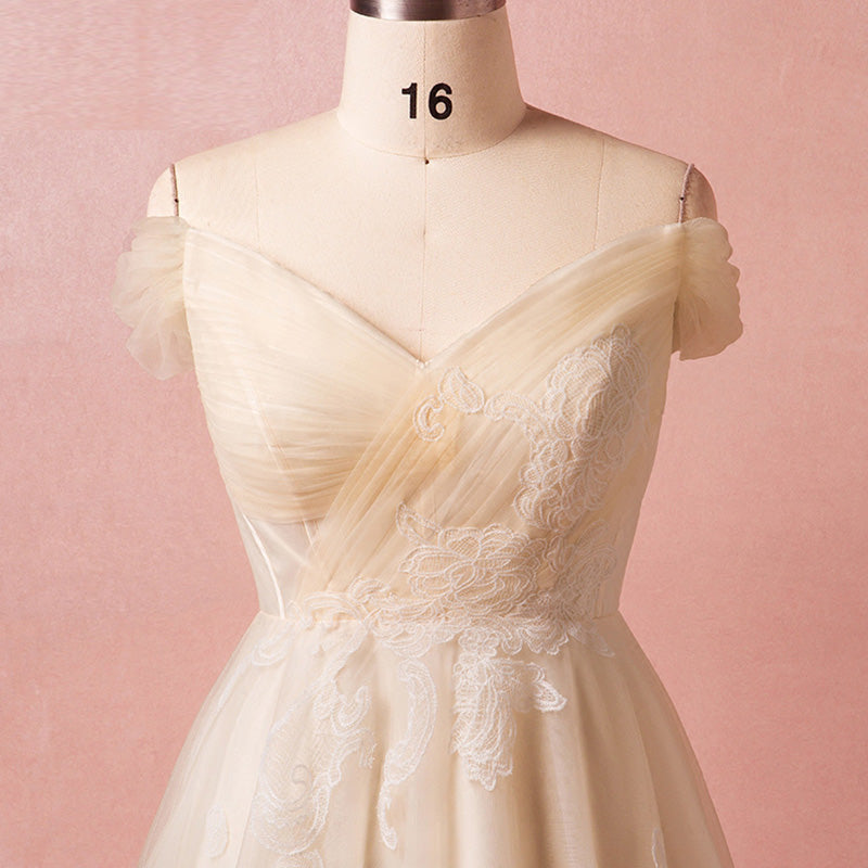[Plus Size] Champagne Pleated Lace Wedding Dresses for Brides