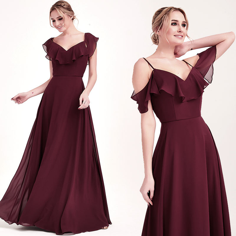 long chiffon A-line feature fluttery flounce bridesmaid dress