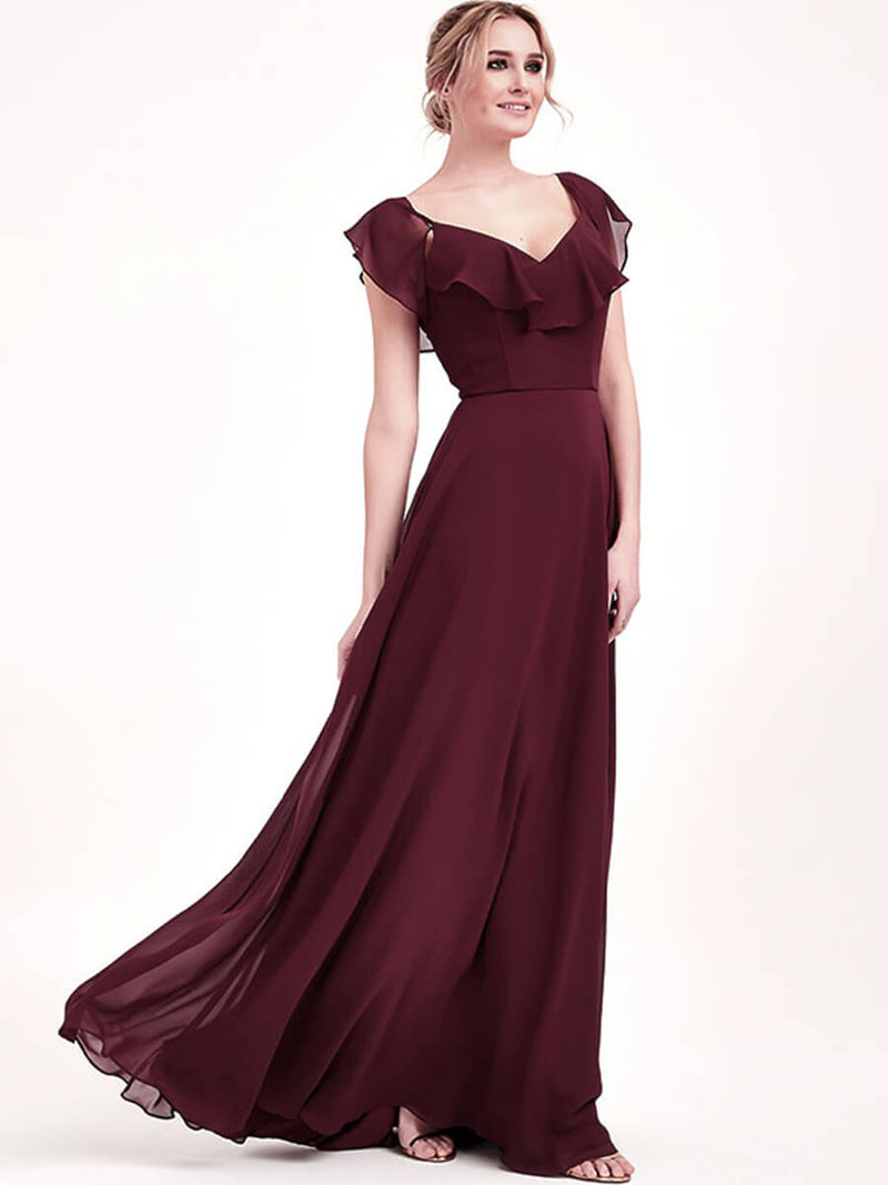 Burgundy 1 Of 3 Convertible Ways Bridesmaid Dress ZOLA Cold-Shoulder Flounced Sleeves Chiffon A-line Gown For Bridesmaid Party – NZ Bridal