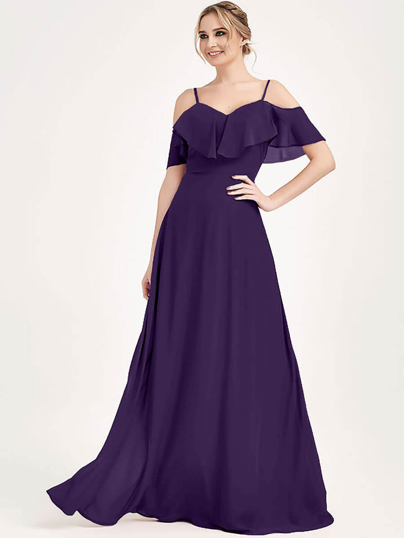Dark Purple 1 Of 3 Convertible Ways Bridesmaid Dress ZOLA Cold-Shoulder Flounced Sleeves Chiffon A-line Gown For Bridesmaid Party NZ Bridal Dark Purple 1 Of 3 Convertible Ways Bridesmaid Dress ZOLA Cold-Shoulder Flounced Sleeves Chiffon A-line Gown For Bridesmaid Party NZ Bridal