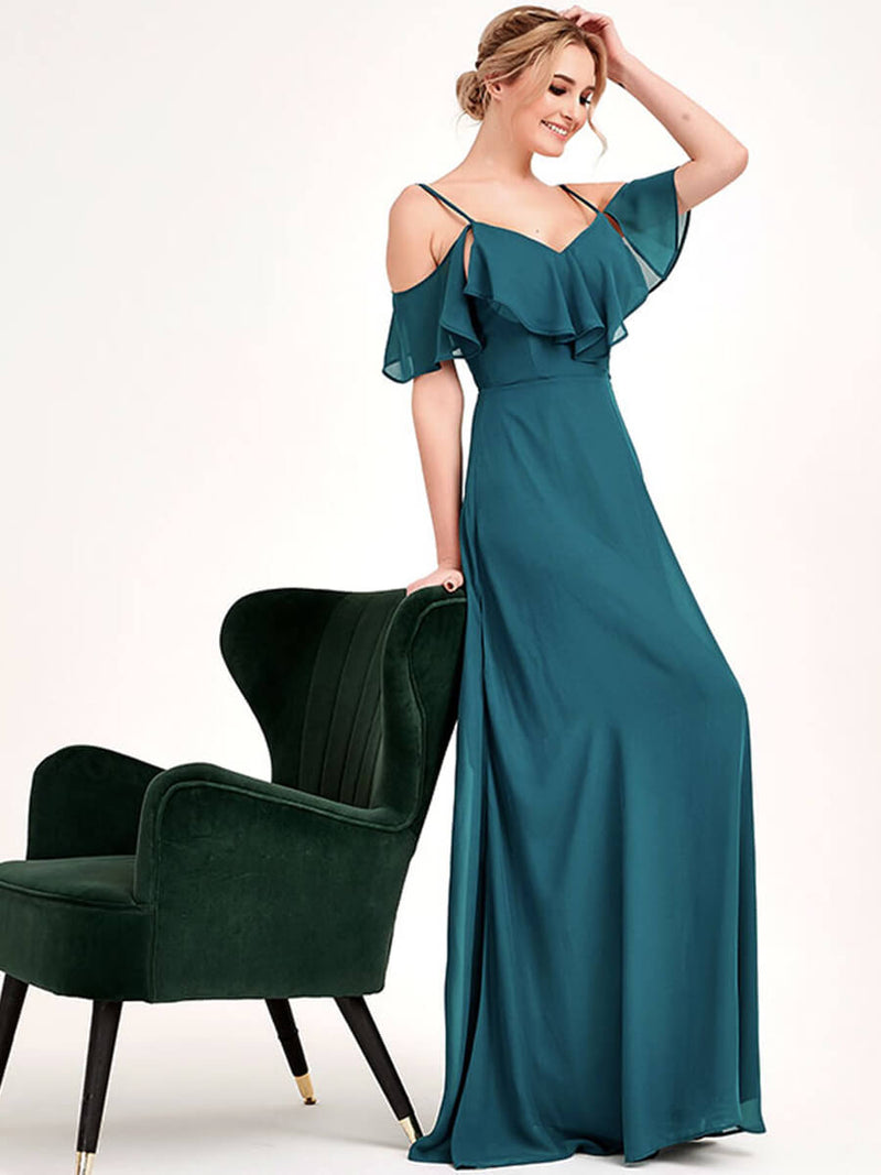 Teal 1 Of 3 Ways Chiffon Convertible Bridesmaid Maxi Gown with Sleeve