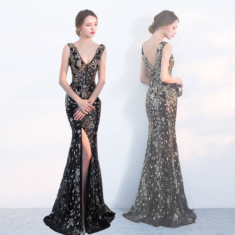 [Final Sale] Black Noble Plunging V Cut Sleeveless Evening Dress