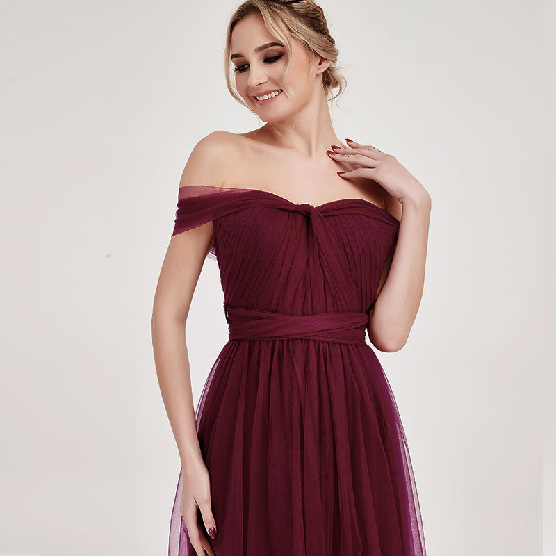  Burgundy Multi Ways Wrapping Convertible Bridesmaid Dress Strapless Sweetheart Tulle A-line Gown For Bridesmaid Party-Alice