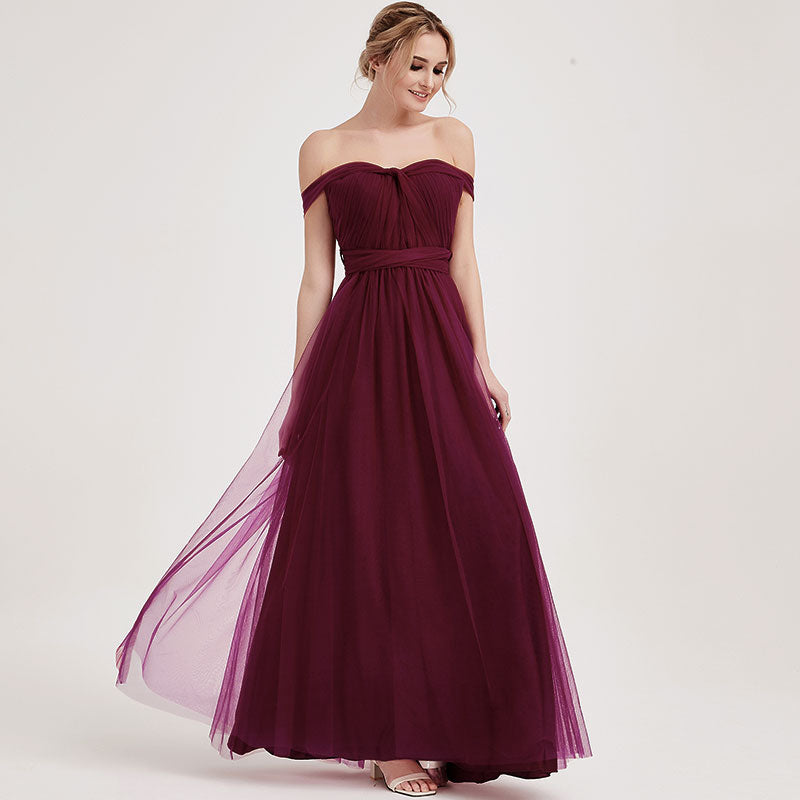  Burgundy Multi Ways Wrapping Convertible Bridesmaid Dress Strapless Sweetheart Tulle A-line Gown For Bridesmaid Party-Alice