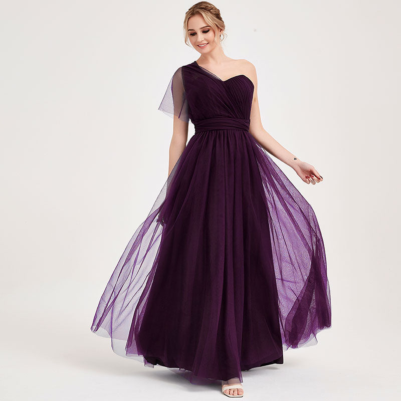 Dark Purple Multi Ways Wrapping Convertible Bridesmaid Dress Strapless Sweetheart Tulle A-line Gown For Bridesmaid Party-Alice