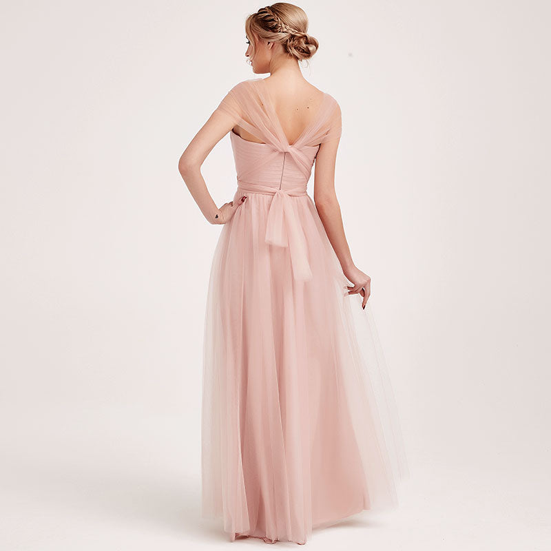 Dusty Pink Multi Ways Wrapping Convertible Bridesmaid Dress Strapless Sweetheart Tulle A-line Gown For Bridesmaid Party-Alice