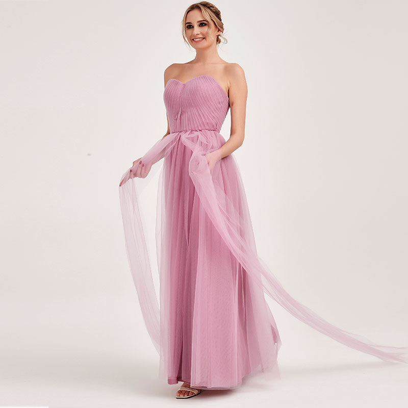 Dusty Rose Multi Ways Wrapping Convertible Bridesmaid Dress Strapless Sweetheart Tulle A-line Gown For Bridesmaid Party-Alice