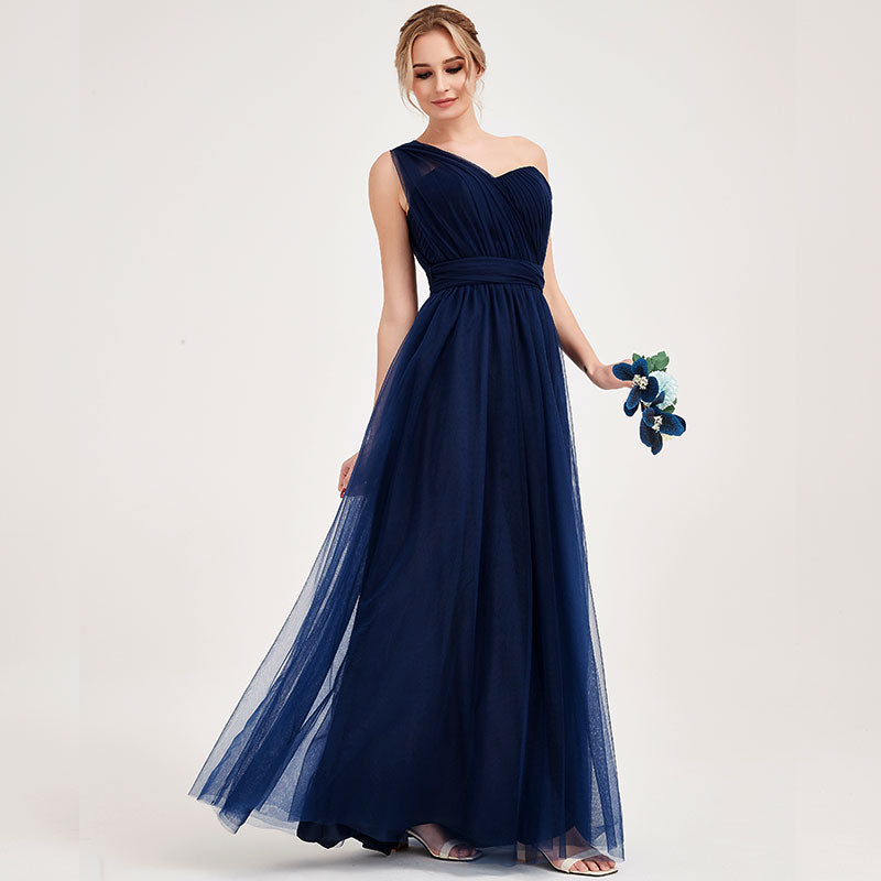 tulle blue bridesmaid dresses Convertible Long A-line Dusty Blue Tulle Bridesmaid Dresses