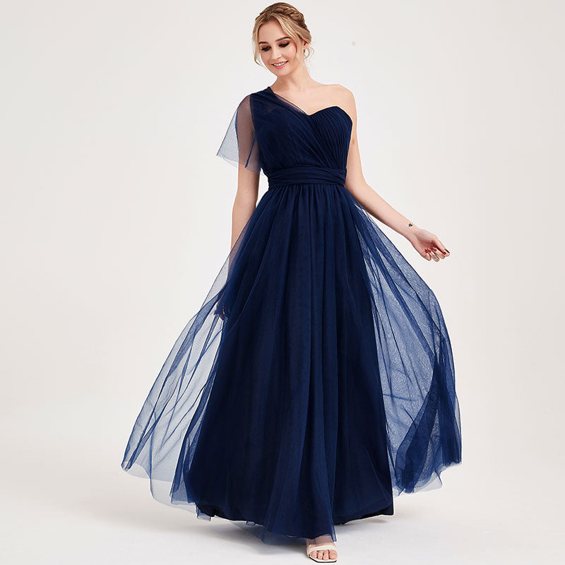 Navy Blue Multi Ways Wrapping Convertible Bridesmaid Dress Strapless Sweetheart Tulle A-line Gown For Bridesmaid Party-Alice