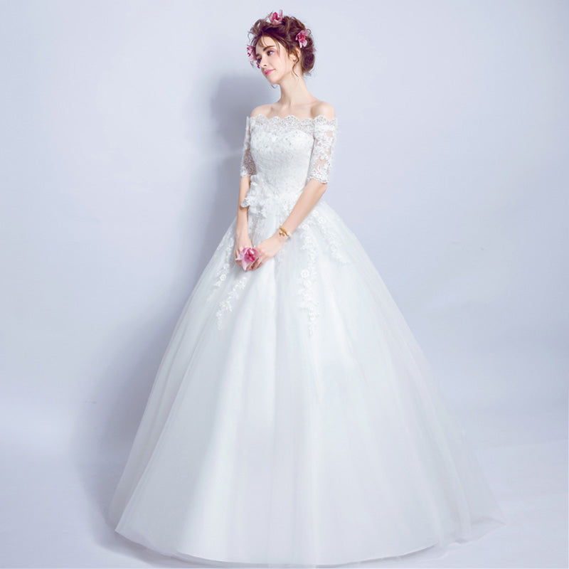 Slash Neckline Floor length Appliqués Wedding Reception Dress