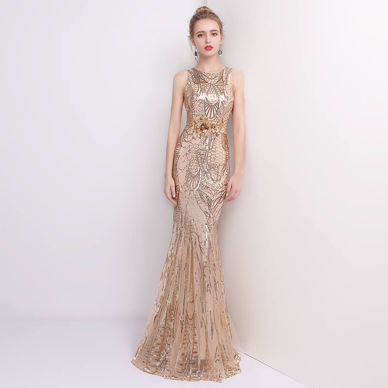 [Final Sale] Champagne Sleeveless Sequins Formal Dress/ Size L
