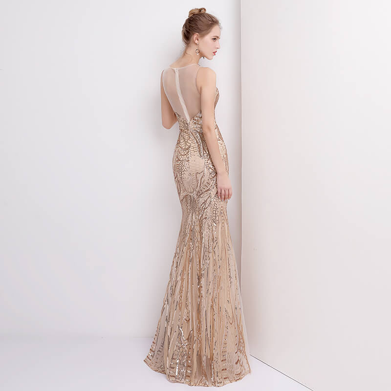 [Final Sale] Champagne Sleeveless Sequins Formal Dress/ Size L
