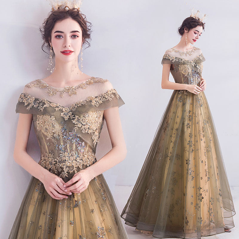 Gold Tulle Cascade Beading Embroidery A-line Ball Gown