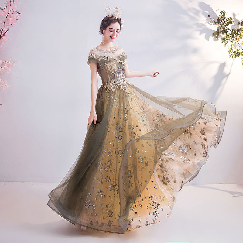 Sexy Gold Tulle Cascade Beading Embroidery A-line Ball Gown