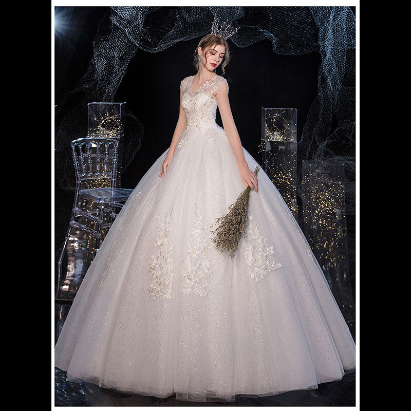 White Lace Flower V Cutting Sleeveless Wedding Gown