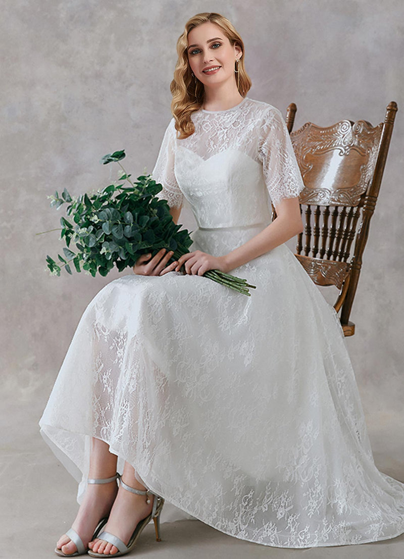 A-Line Scoop Neck Tea Length Lace Wedding Bridal Gowns Use In Two Ways NZ Bridal A-Line Scoop Neck Tea Length Lace Wedding Bridal Gowns Use In Two Ways NZ Bridal