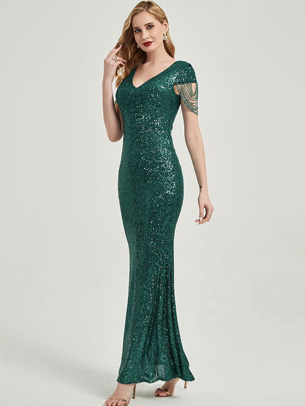 [Final Sale] Emerald Green Beading Sleeves Sequin Mermaid Formal Gown