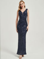 Navy Blue Sequin Sleeveless Sheer V-Neck Maxi Mermaid Formal Gown