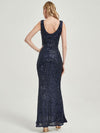 Navy Blue Sequin Sleeveless Sheer V-Neck Maxi Mermaid Formal Gown