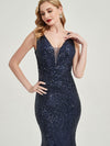 Navy Blue Sequin Sleeveless Sheer V-Neck Maxi Mermaid Formal Gown