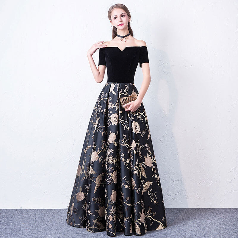 Fantastic Slash Neck Velvet Printed Prom Gala Dresses