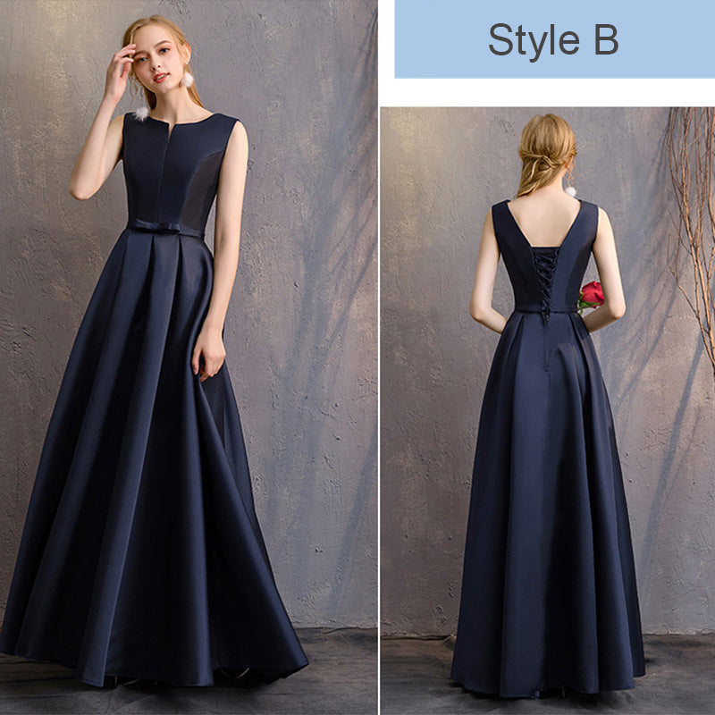 Sleeveless V Cut Satin Navy Blue Bridesmaid Dresses Mix Match Styles A Line Flared with Bow Tie Waistband- NZ Bridal