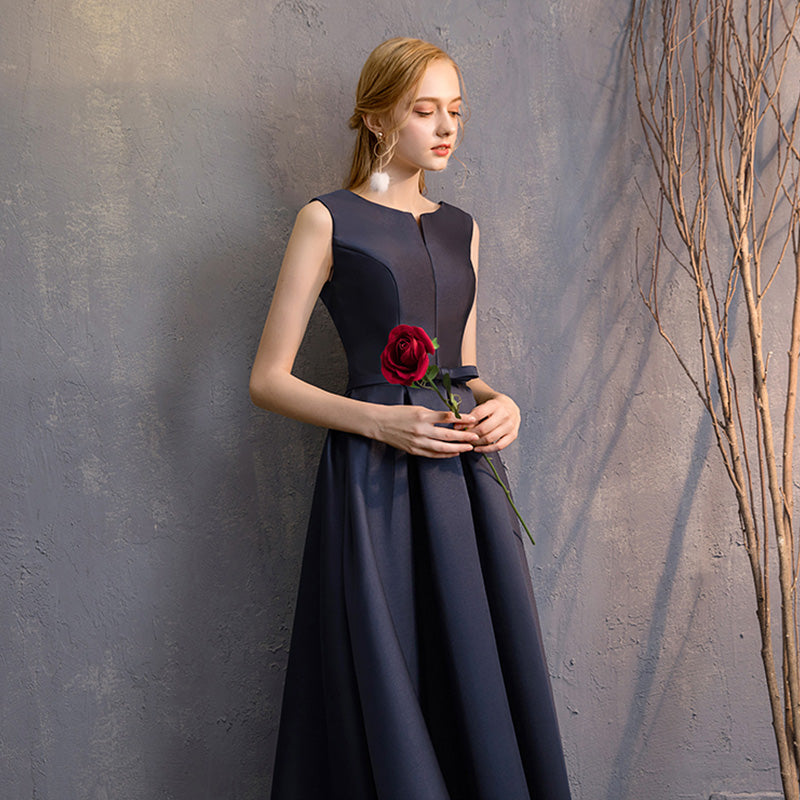 Sleeveless V Cut Satin Navy Blue Bridesmaid Dresses Mix Match Styles A Line Flared with Bow Tie Waistband- NZ Bridal