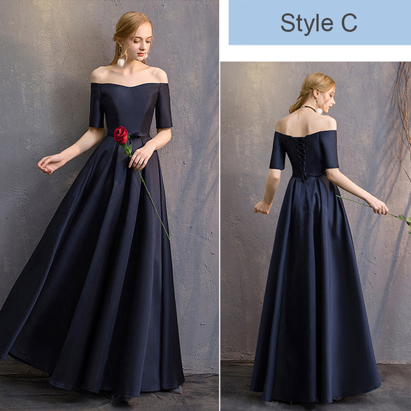 Off the Shoulder Half Sleeves Satin Navy Blue Bridesmaid Dresses Mix Match Styles A Line Flared with Bow Tie Waistband- NZ Bridal