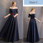Off the Shoulder Half Sleeves Satin Navy Blue Bridesmaid Dresses Mix Match Styles A Line Flared with Bow Tie Waistband- NZ Bridal