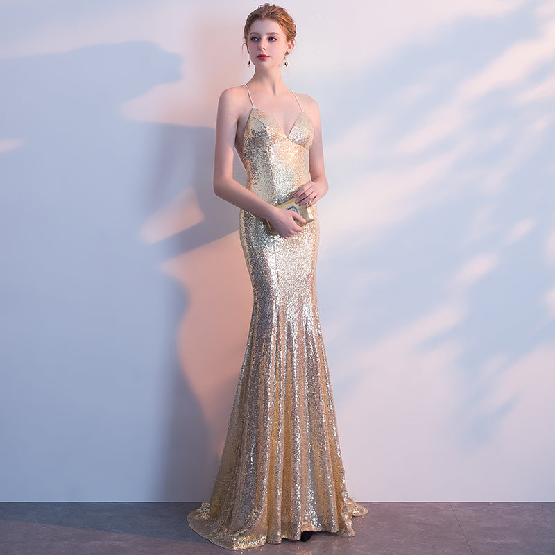 NzBridal Light Gold Spaghetti Straps Sparkling Evening Night Dress
