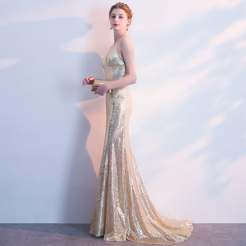 NzBridal Light Gold Spaghetti Straps Sparkling Evening Night Dress