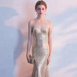 NzBridal Light Gold Spaghetti Straps Sparkling Evening Night Dress