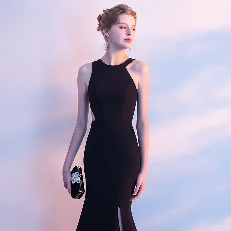 Black Cut Out Asymmetrical Neck Halter Slim Semi Prom Dress