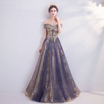 Dusty Purple Off The Shoulder Gold Beading Embroidery Formal Gown