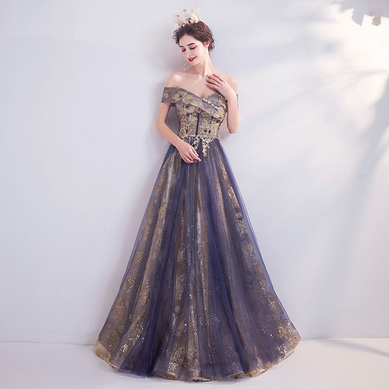 Dusty Purple Off The Shoulder Gold Beading Embroidery Formal Gown